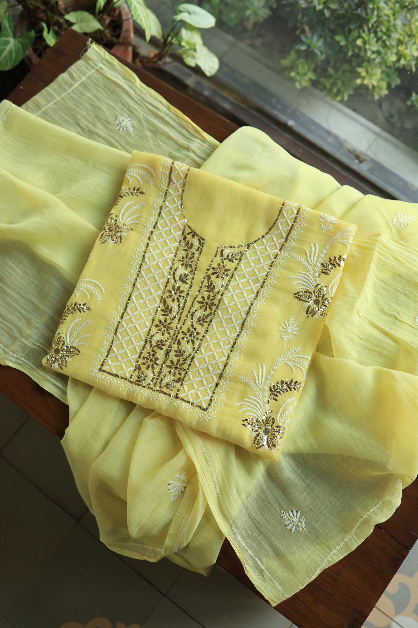Soft Yellow Mal Cotton Fine Chikankari With Kamdani Work Unstitched Fabric