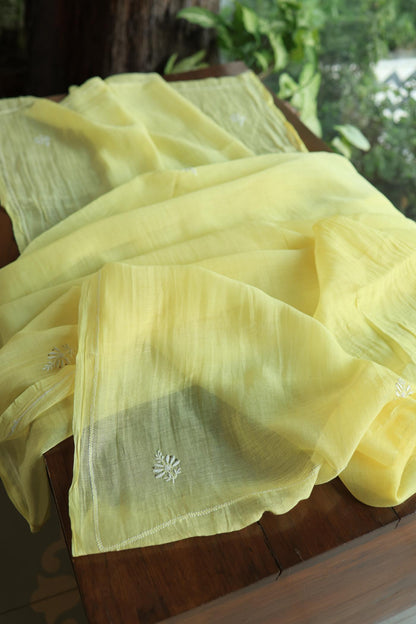 Soft Yellow Mal Cotton Fine Chikankari With Kamdani Work Unstitched Fabric
