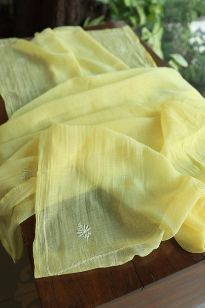 Soft Yellow Mal Cotton Fine Chikankari With Kamdani Work Unstitched Fabric