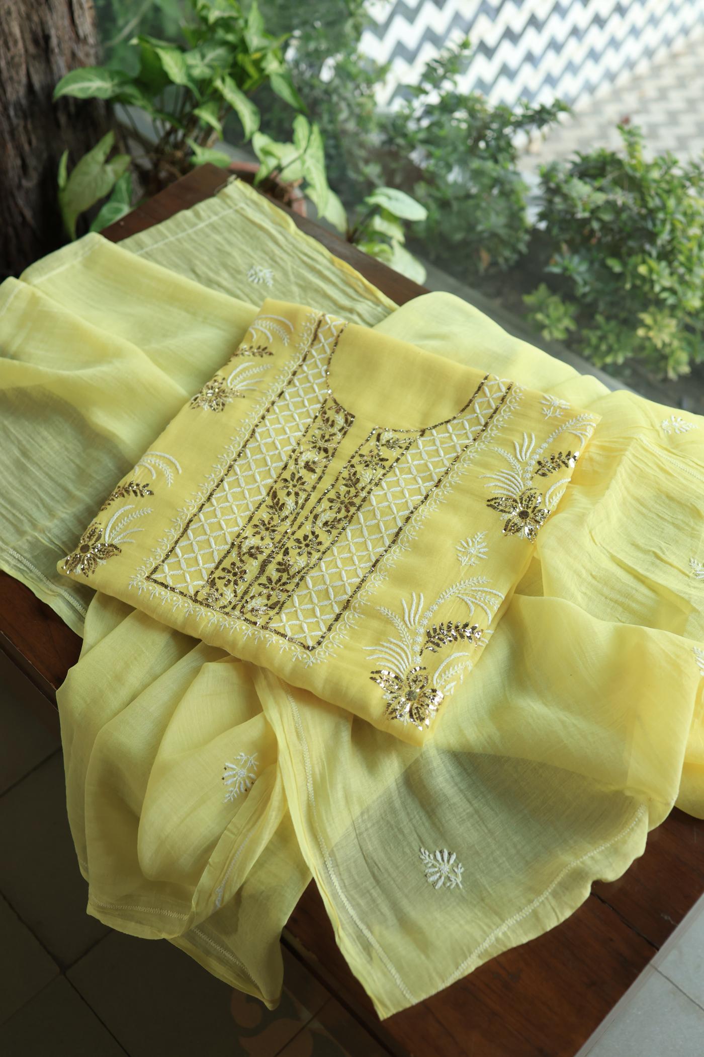 Soft Yellow Mal Cotton Fine Chikankari With Kamdani Work Unstitched Fabric