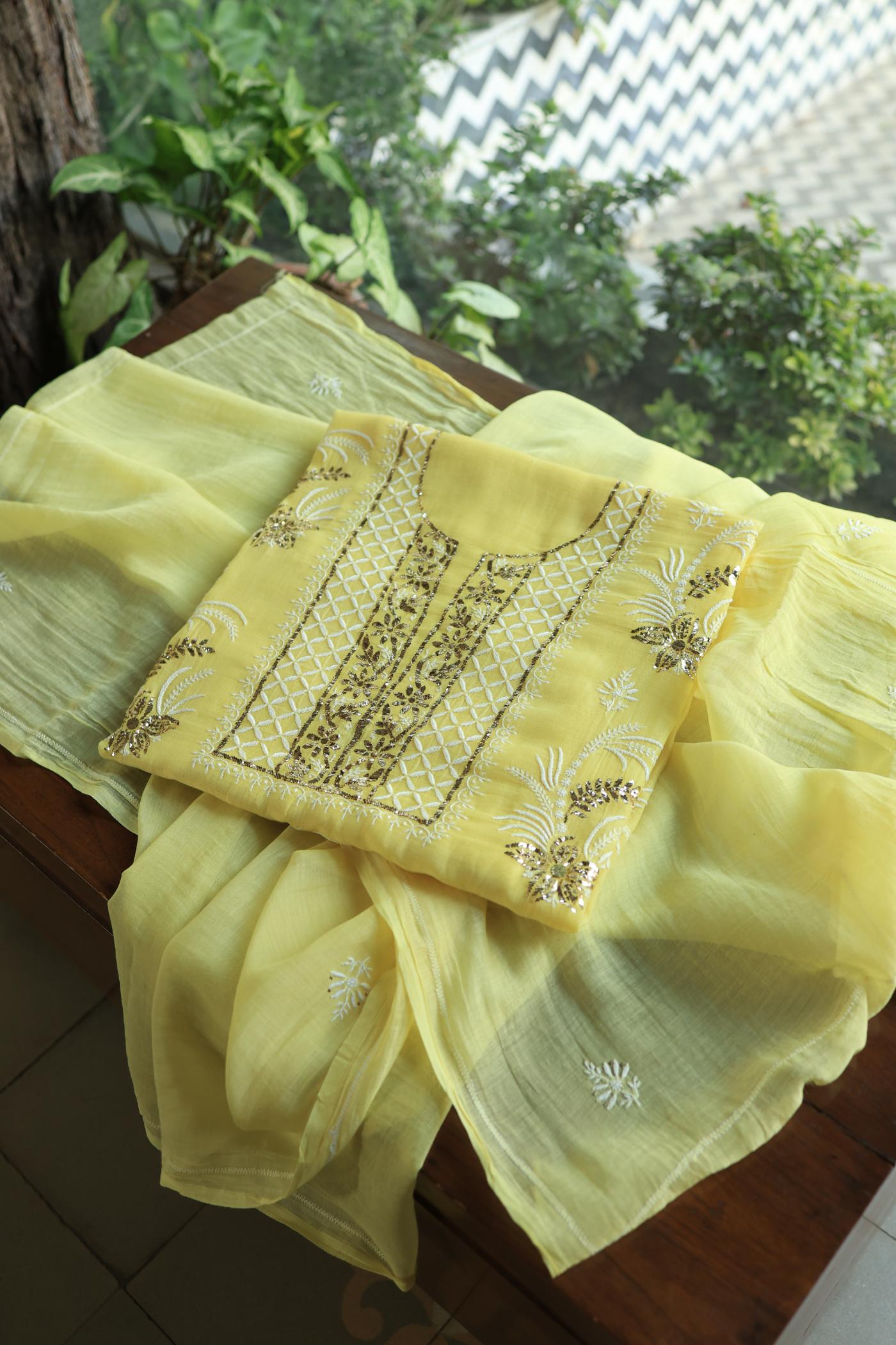 Soft Yellow Mal Cotton Fine Chikankari With Kamdani Work Unstitched Fabric