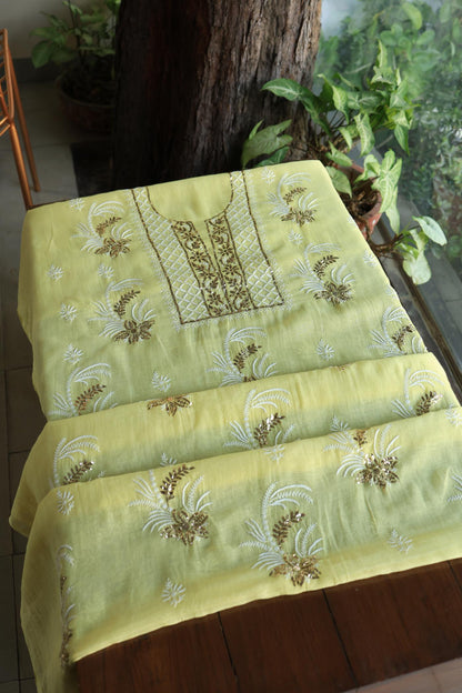 Soft Yellow Mal Cotton Fine Chikankari With Kamdani Work Unstitched Fabric