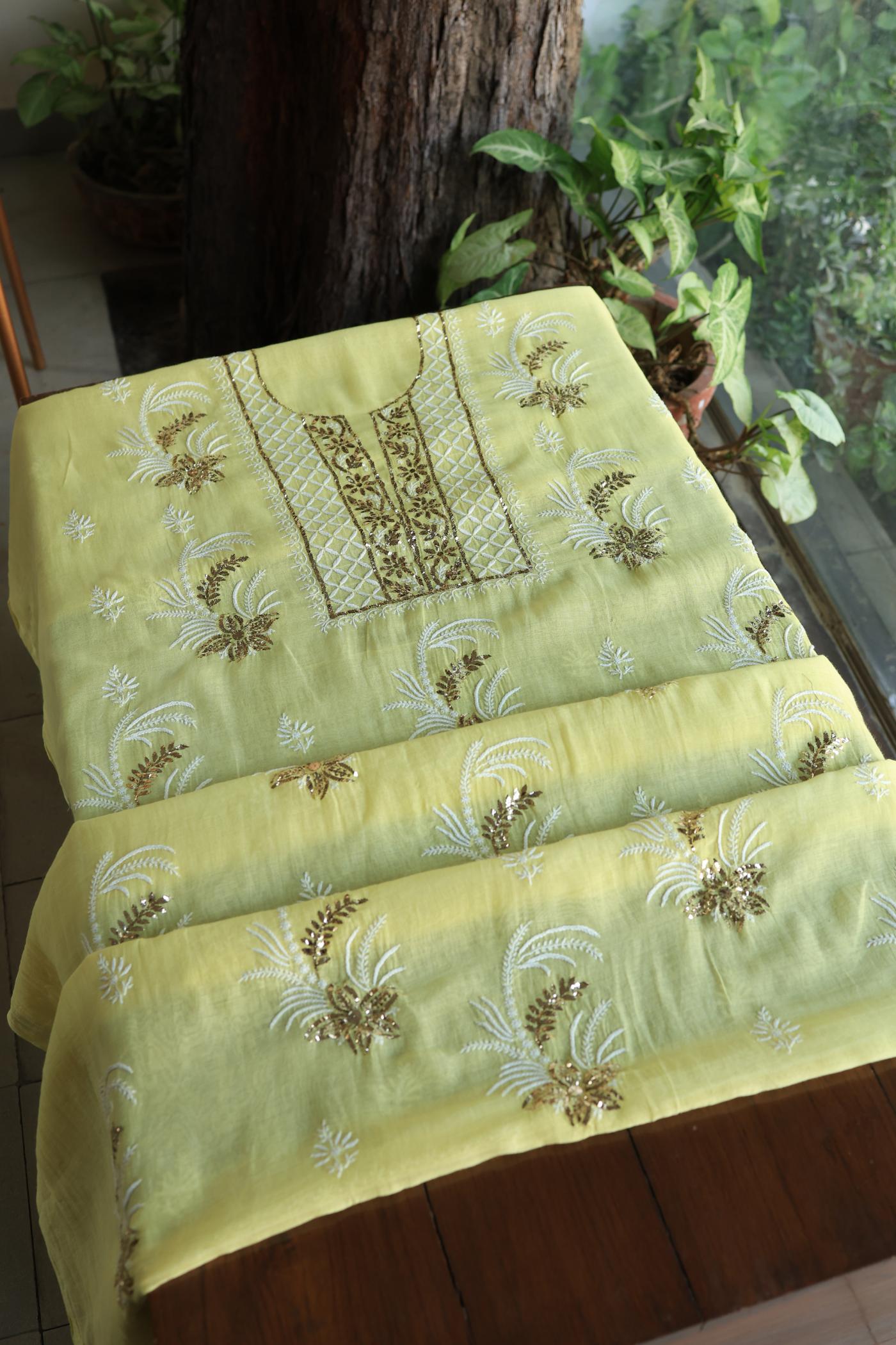Soft Yellow Mal Cotton Fine Chikankari With Kamdani Work Unstitched Fabric