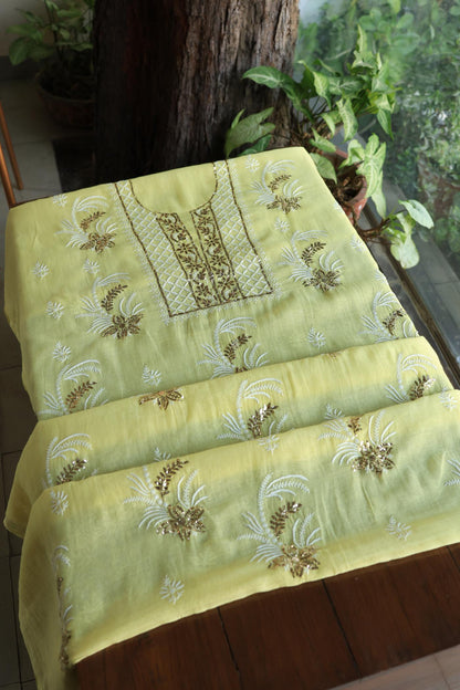 Soft Yellow Mal Cotton Fine Chikankari With Kamdani Work Unstitched Fabric
