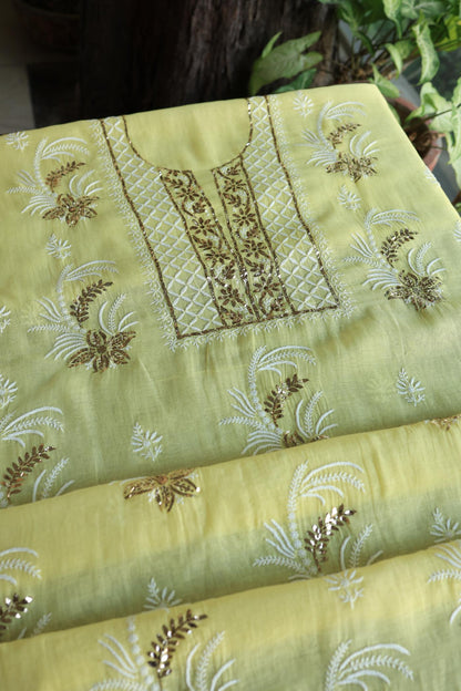 Soft Yellow Mal Cotton Fine Chikankari With Kamdani Work Unstitched Fabric