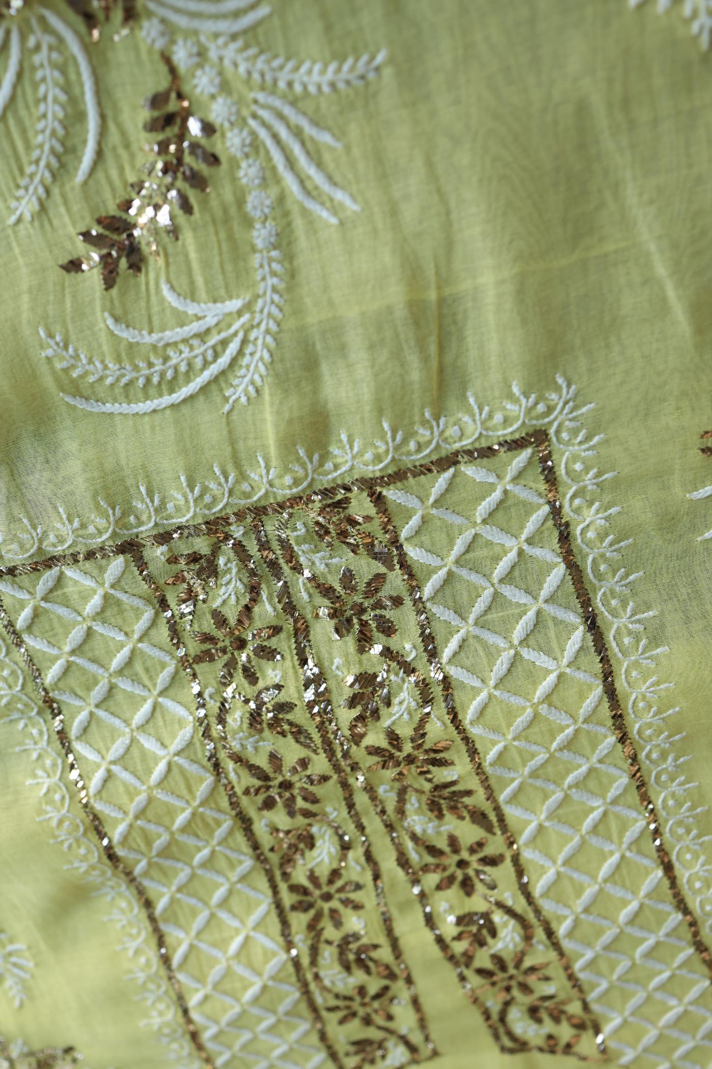 Soft Yellow Mal Cotton Fine Chikankari With Kamdani Work Unstitched Fabric