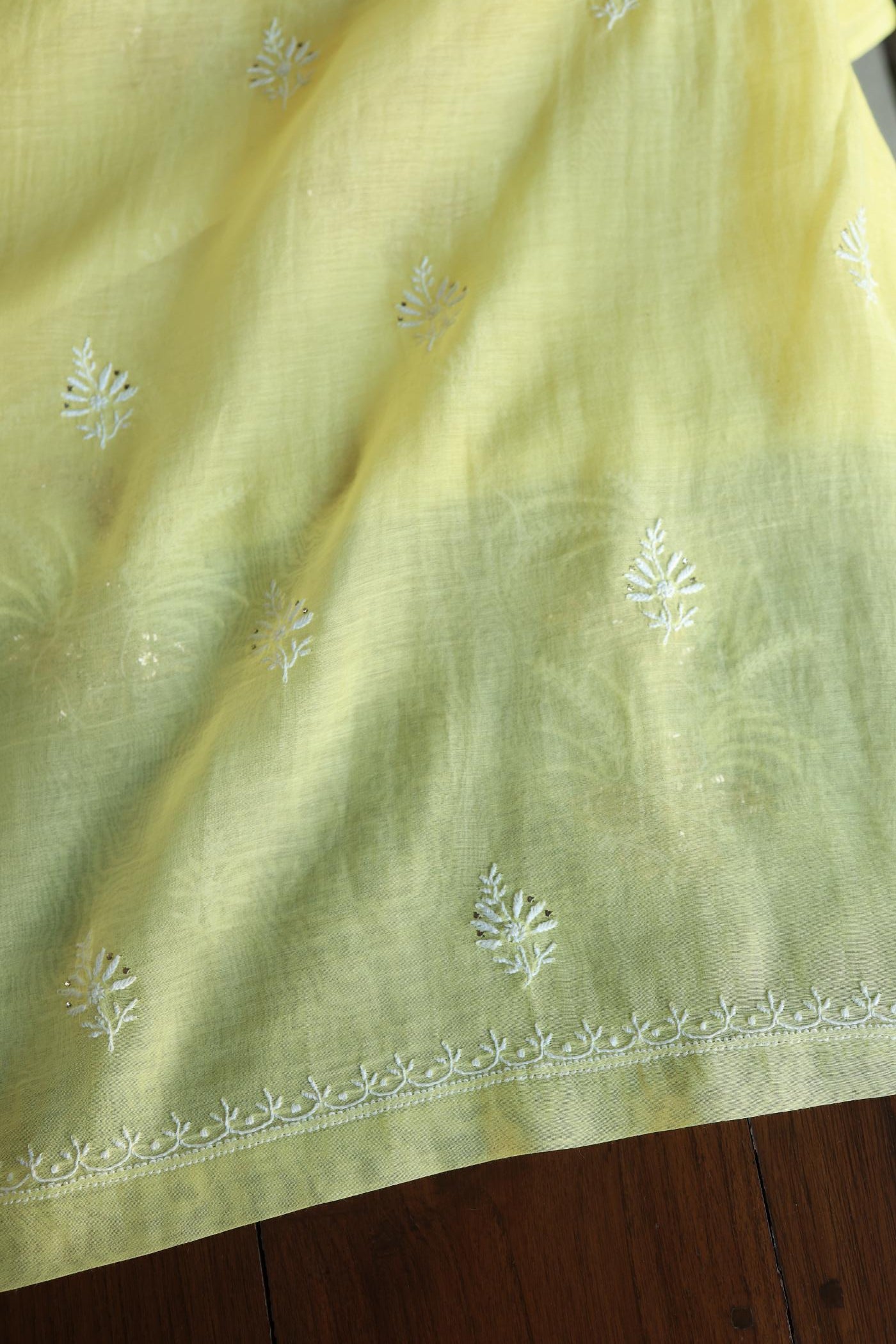 Soft Yellow Mal Cotton Fine Chikankari With Kamdani Work Unstitched Fabric