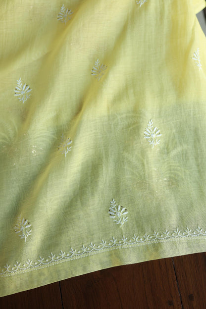 Soft Yellow Mal Cotton Fine Chikankari With Kamdani Work Unstitched Fabric