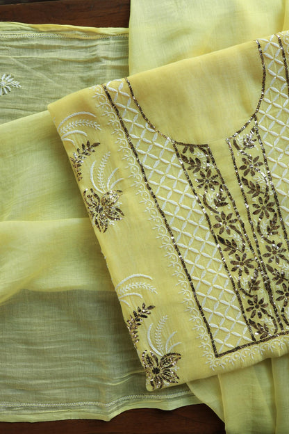 Soft Yellow Mal Cotton Fine Chikankari With Kamdani Work Unstitched Fabric