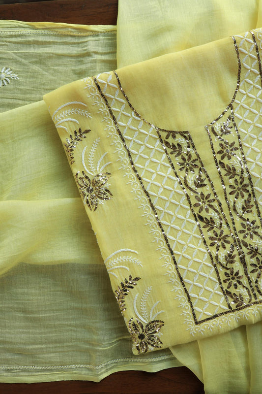 Soft Yellow Mal Cotton Fine Chikankari With Kamdani Work Unstitched Fabric
