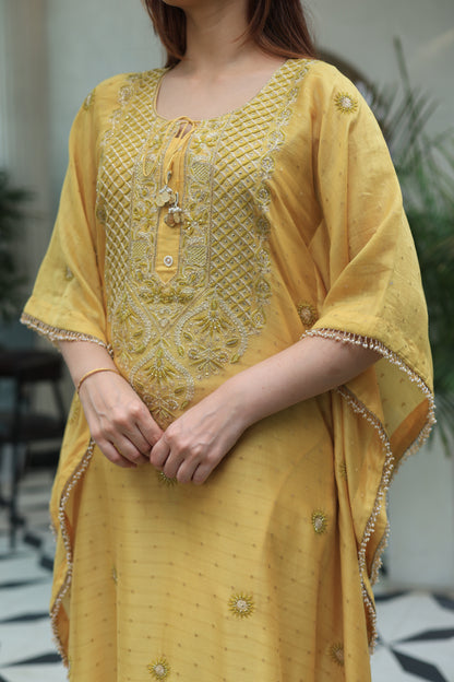 Soft Yellow Zari Chanderi Chikankari Kaftan