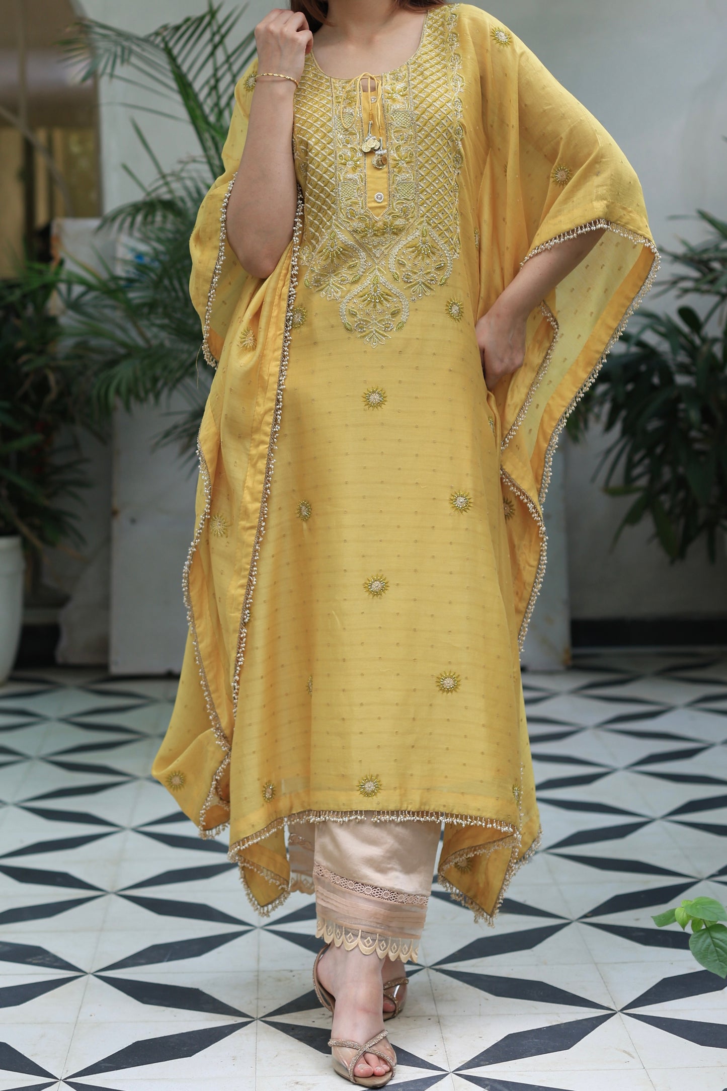 Soft Yellow Zari Chanderi Chikankari Kaftan