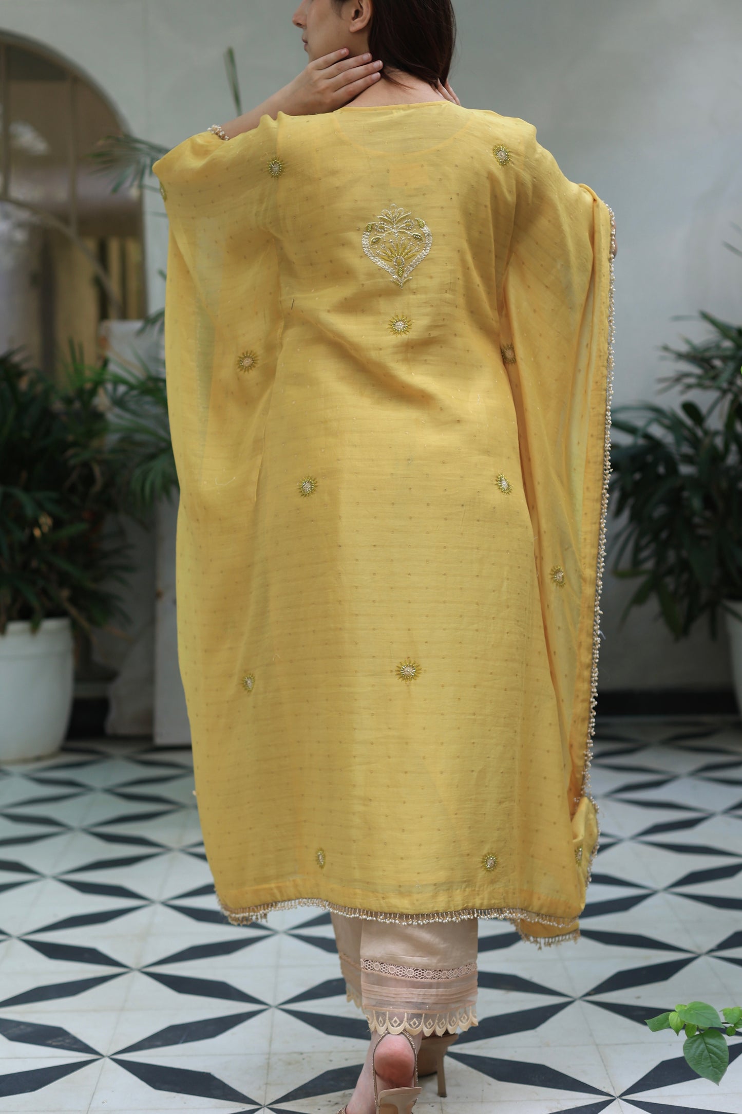 Soft Yellow Zari Chanderi Chikankari Kaftan