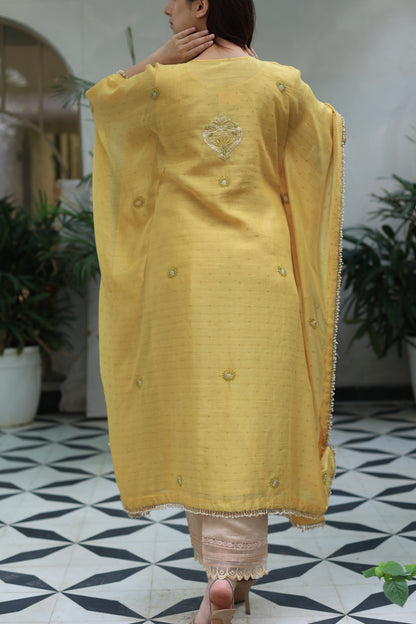 Soft Yellow Zari Chanderi Chikankari Kaftan