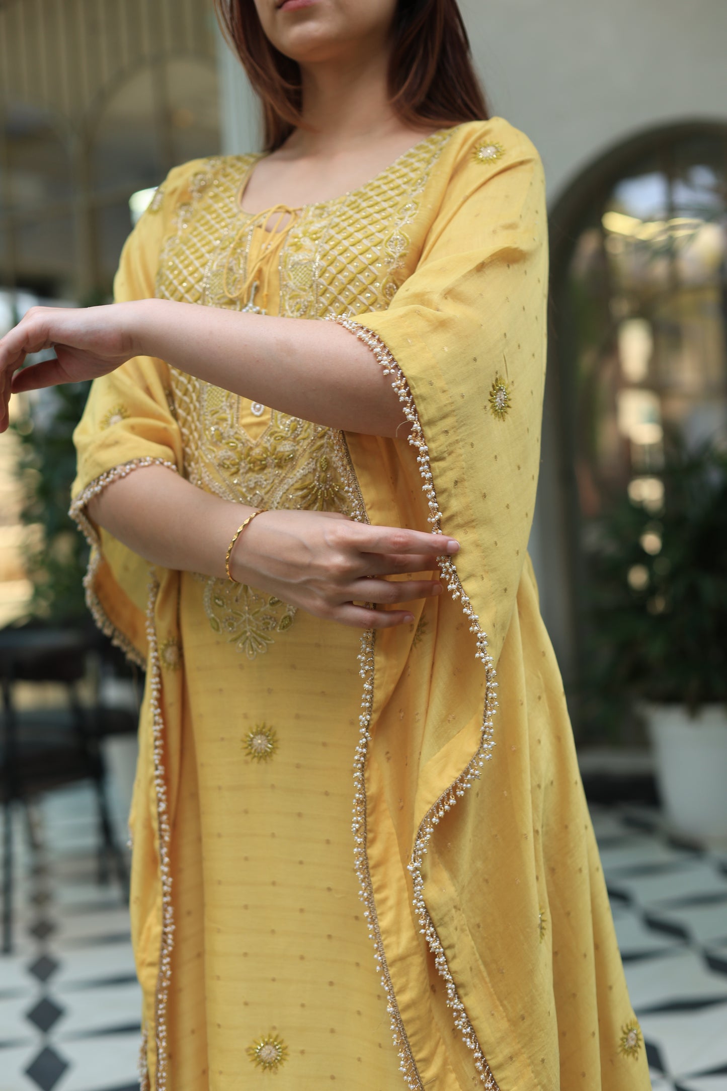 Soft Yellow Zari Chanderi Chikankari Kaftan