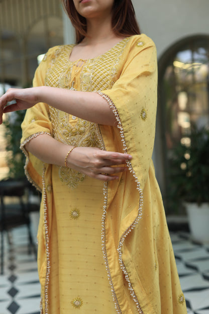 Soft Yellow Zari Chanderi Chikankari Kaftan