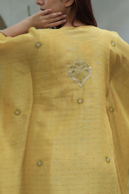Soft Yellow Zari Chanderi Chikankari Kaftan