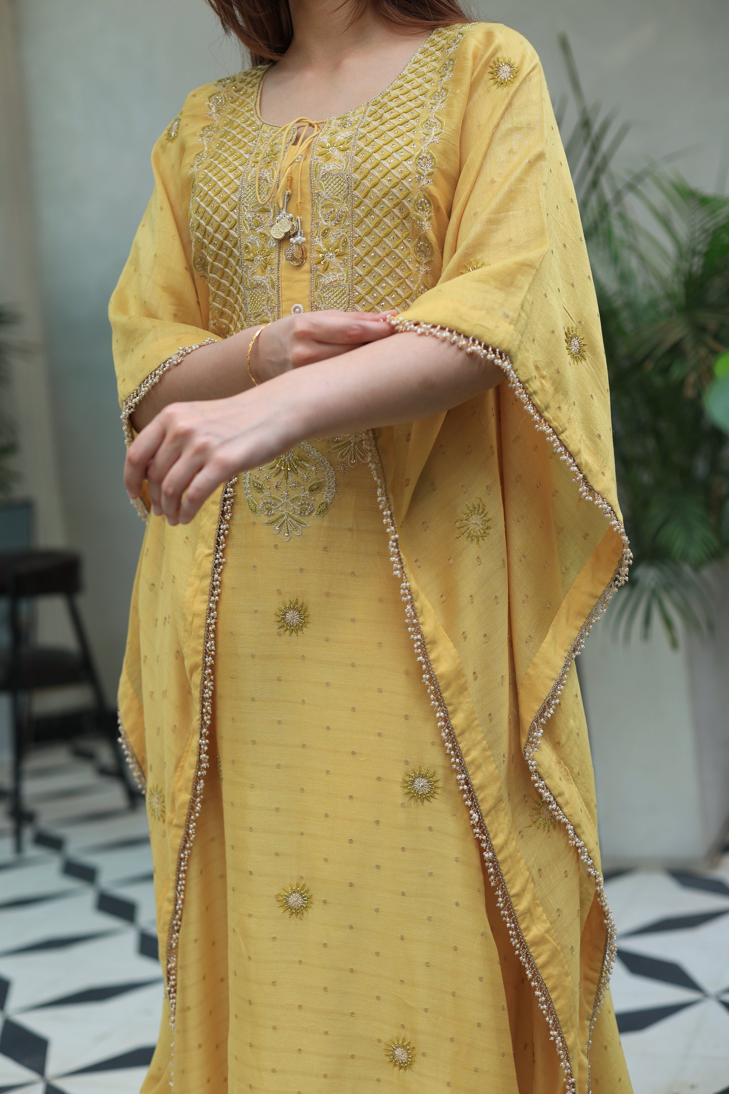Soft Yellow Zari Chanderi Chikankari Kaftan