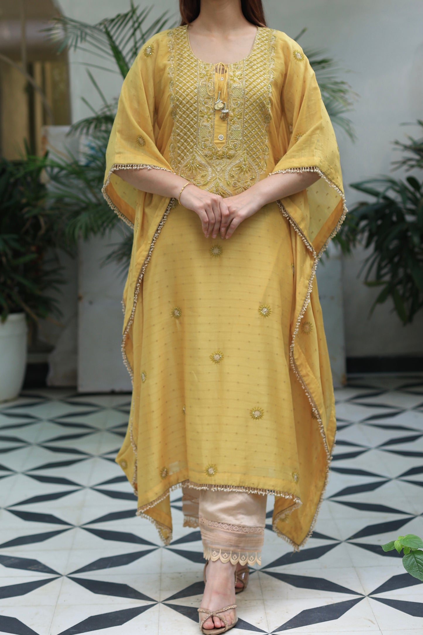 Soft Yellow Zari Chanderi Chikankari Kaftan
