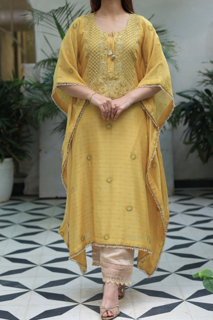 Soft Yellow Zari Chanderi Chikankari Kaftan