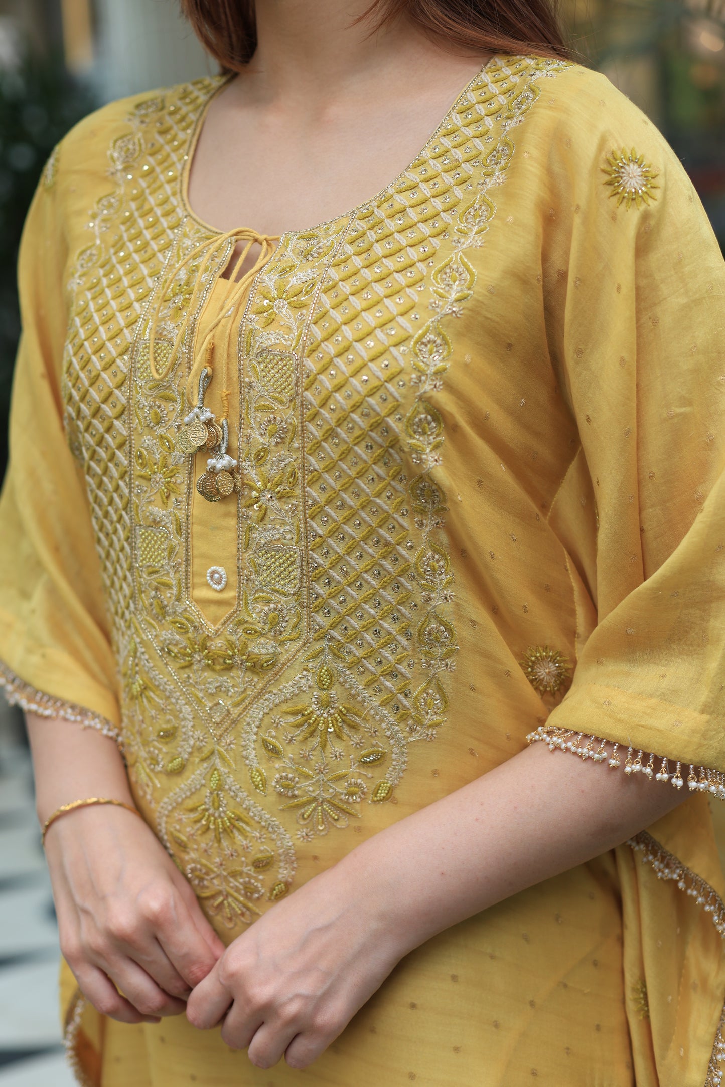 Soft Yellow Zari Chanderi Chikankari Kaftan