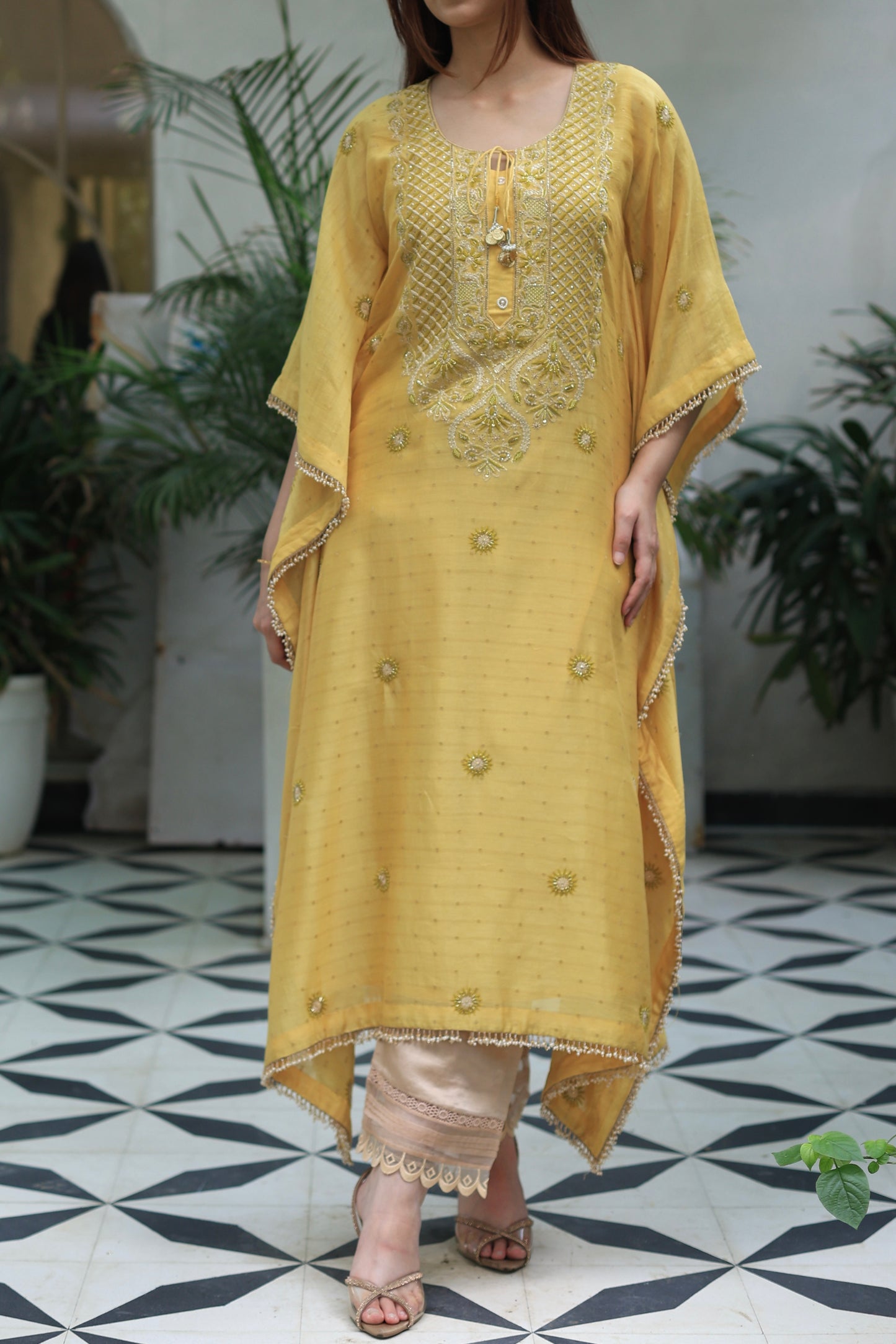 Soft Yellow Zari Chanderi Chikankari Kaftan
