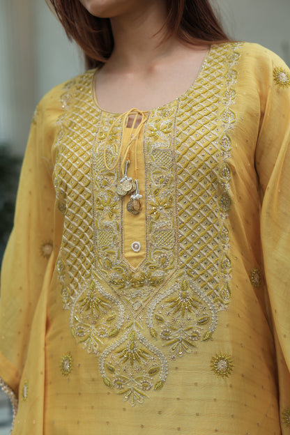 Soft Yellow Zari Chanderi Chikankari Kaftan