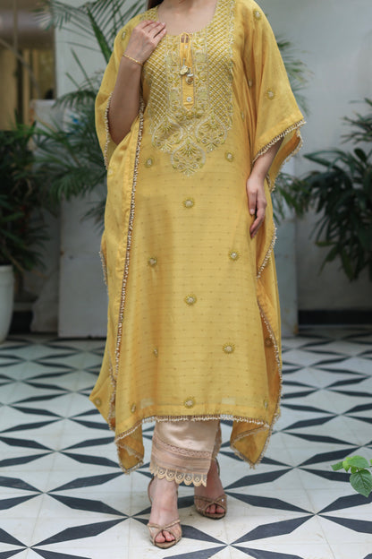 Soft Yellow Zari Chanderi Chikankari Kaftan