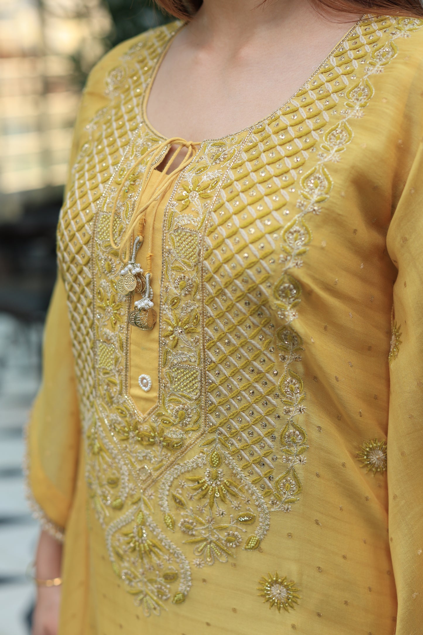Soft Yellow Zari Chanderi Chikankari Kaftan