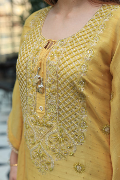 Soft Yellow Zari Chanderi Chikankari Kaftan