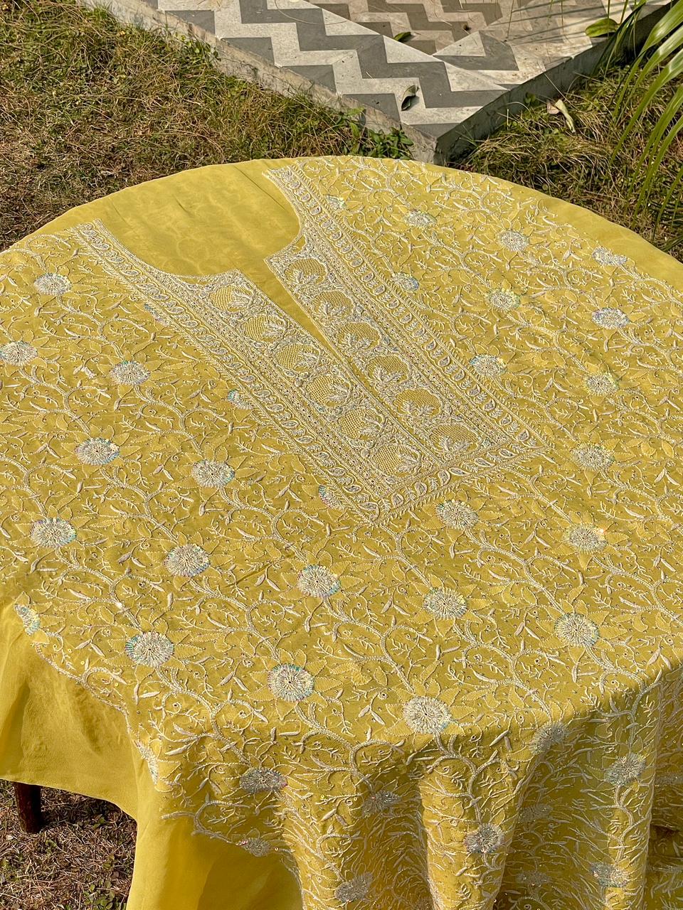 Soft Yellow shade Pure Georgette Front & Back Chikankari Kurta Dupatta Set
