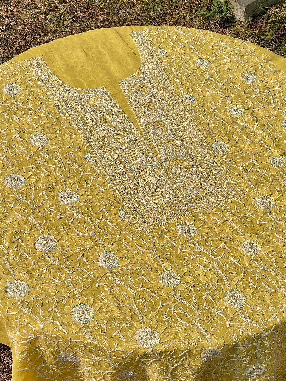 Soft Yellow shade Pure Georgette Front & Back Chikankari Kurta Dupatta Set