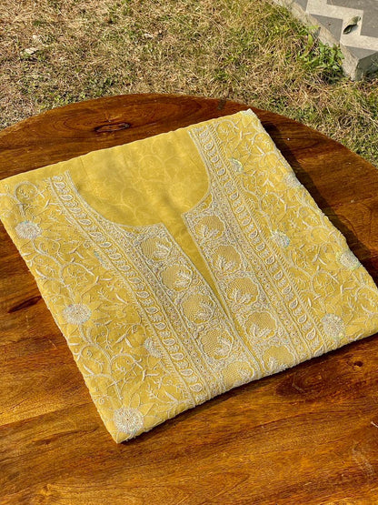 Soft Yellow shade Pure Georgette Front & Back Chikankari Kurta Dupatta Set