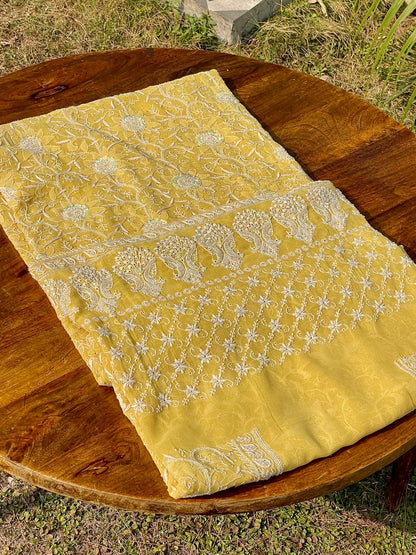 Soft Yellow shade Pure Georgette Front & Back Chikankari Kurta Dupatta Set