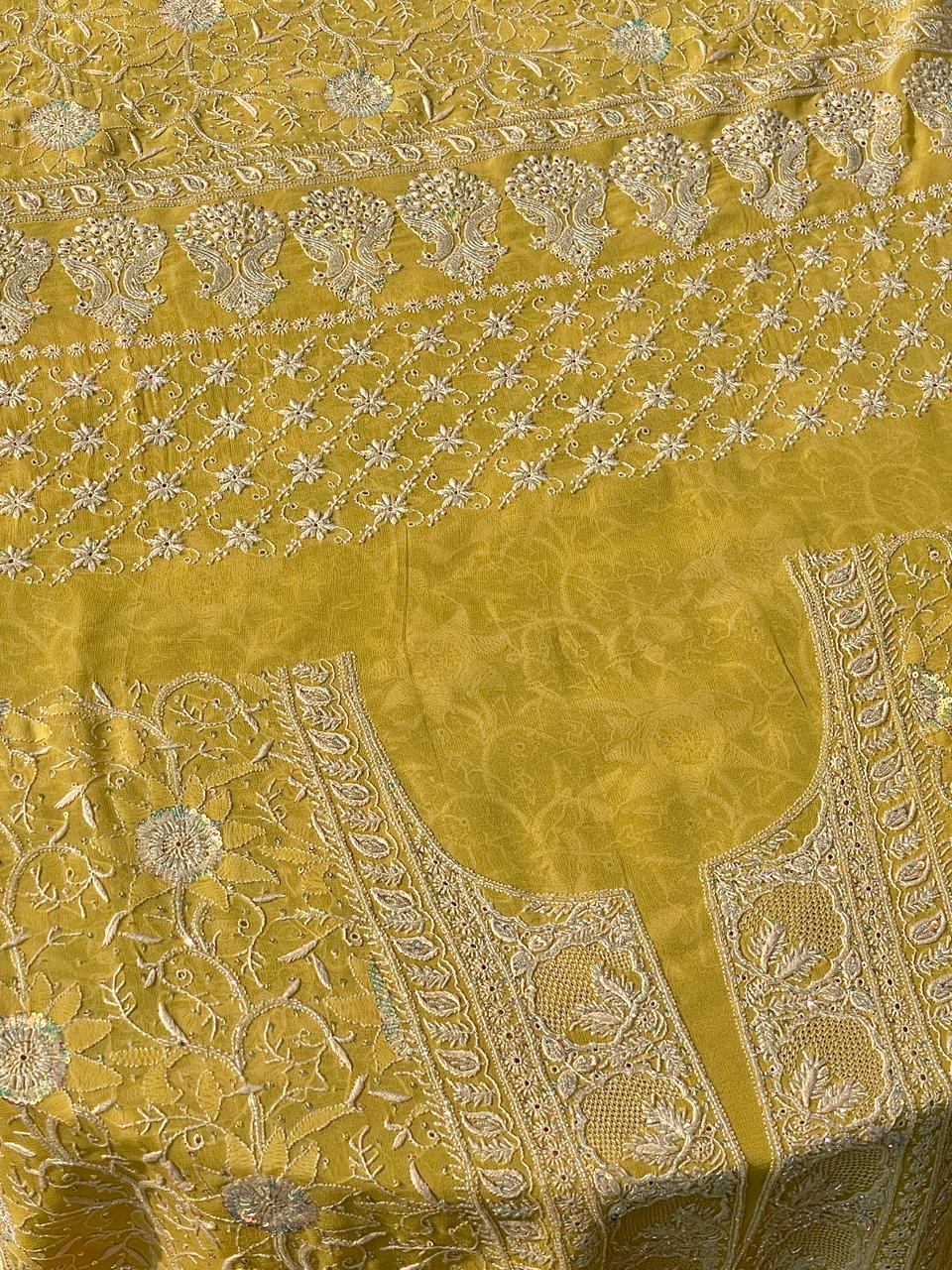 Soft Yellow shade Pure Georgette Front & Back Chikankari Kurta Dupatta Set