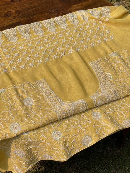 Soft Yellow shade Pure Georgette Front & Back Chikankari Kurta Dupatta Set