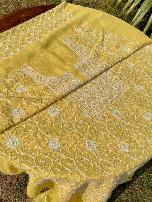 Soft Yellow shade Pure Georgette Front & Back Chikankari Kurta Dupatta Set