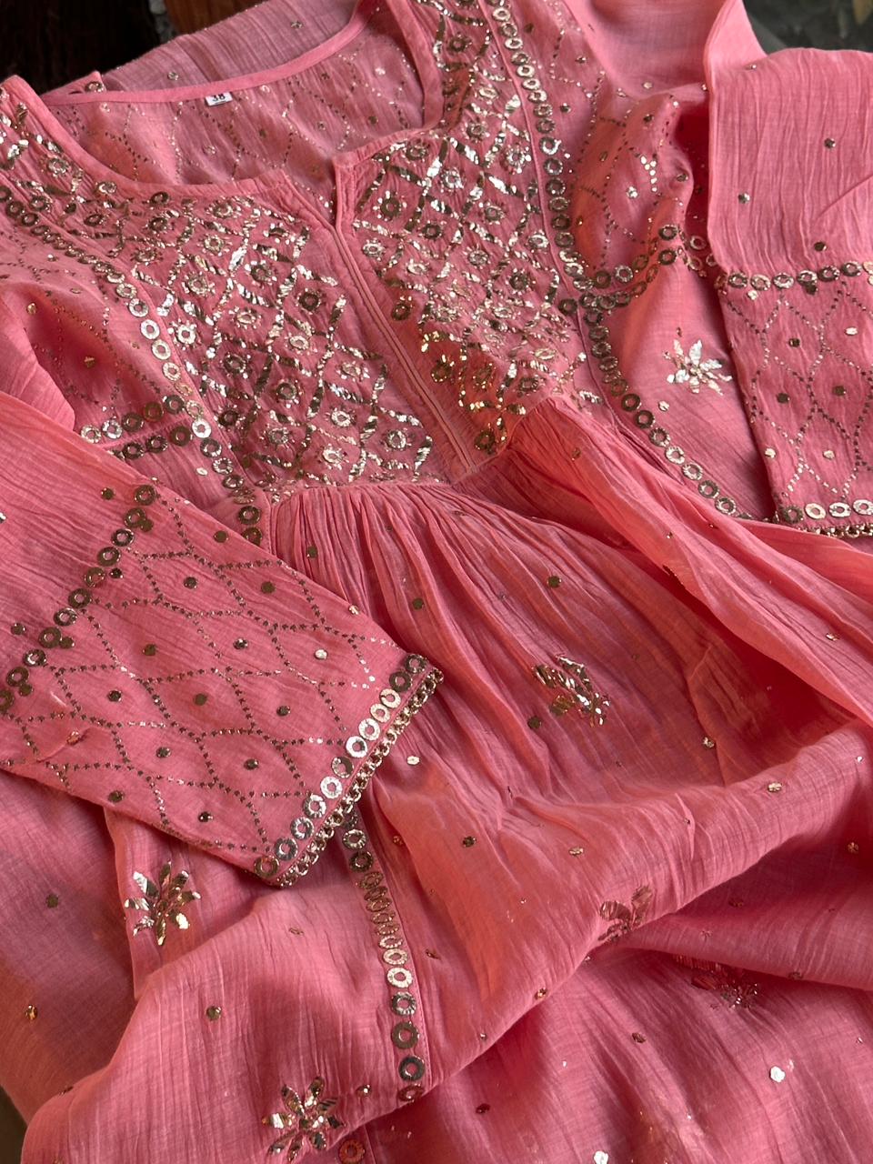 Soft Pink Mukaish Mul Chanderi Silk Ready To Wear Dress