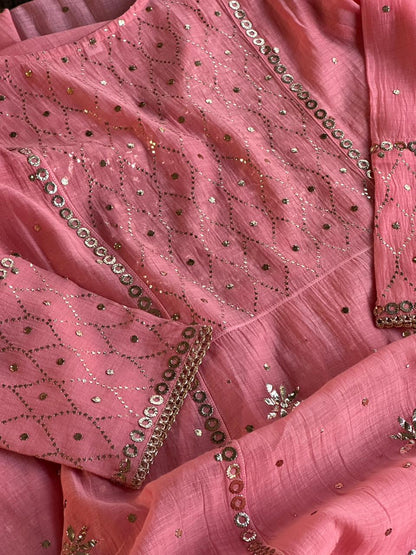 Soft Pink Mukaish Mul Chanderi Silk Ready To Wear Dress