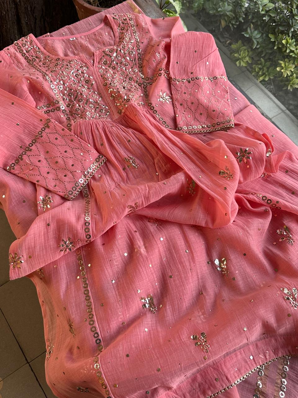 Soft Pink Mukaish Mul Chanderi Silk Ready To Wear Dress