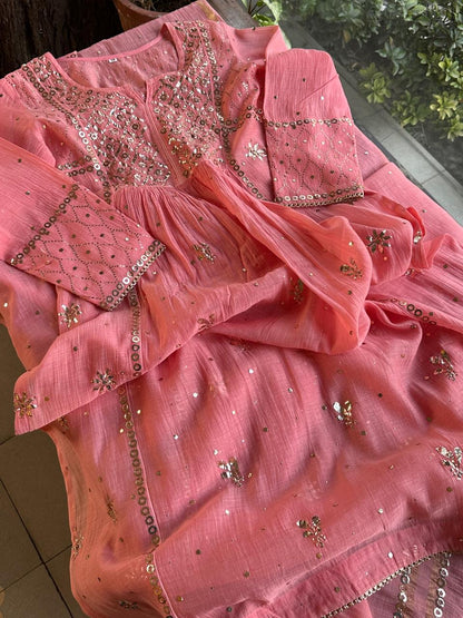 Soft Pink Mukaish Mul Chanderi Silk Ready To Wear Dress