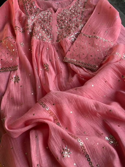 Soft Pink Mukaish Mul Chanderi Silk Ready To Wear Dress