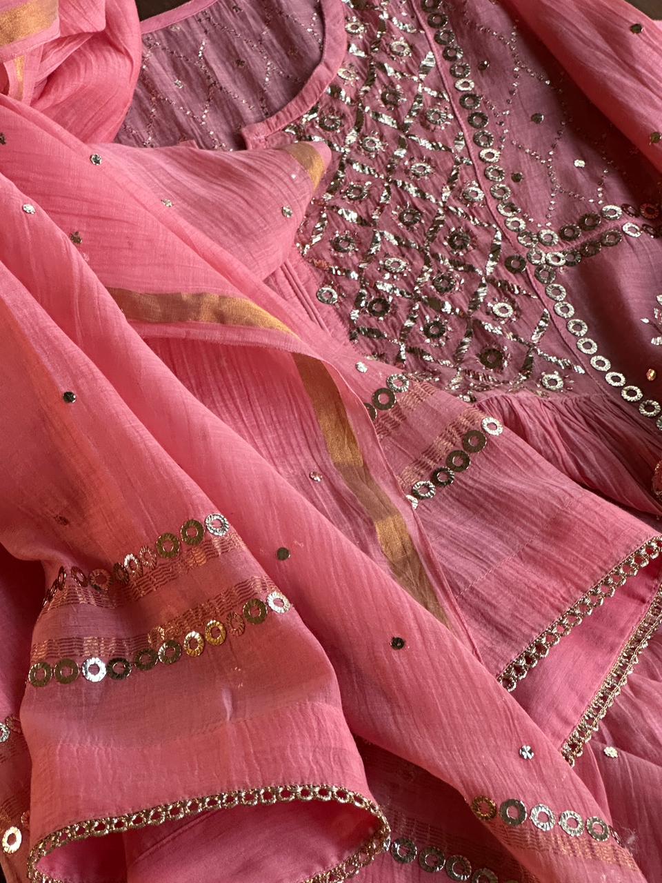 Soft Pink Mukaish Mul Chanderi Silk Ready To Wear Dress
