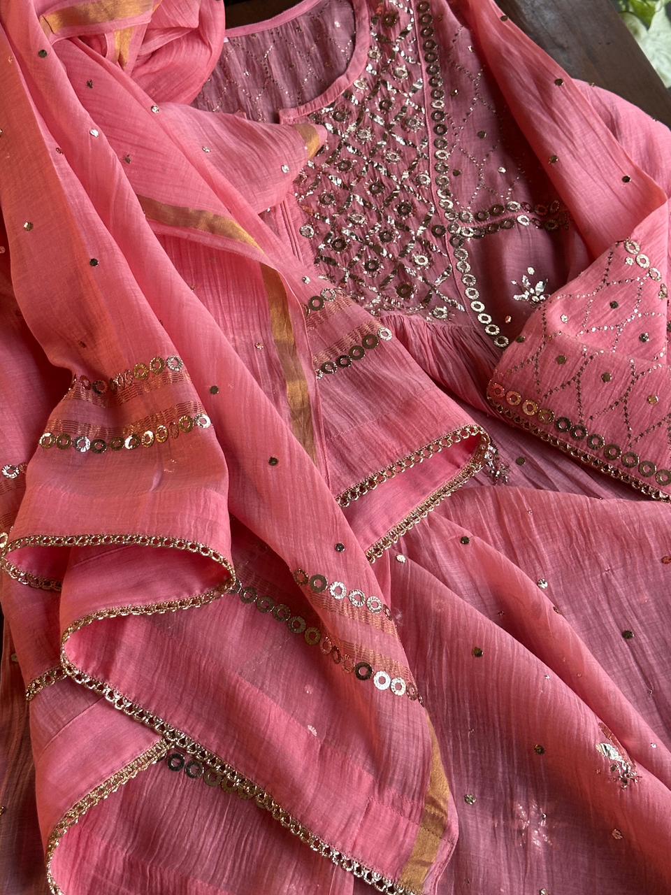 Soft Pink Mukaish Mul Chanderi Silk Ready To Wear Dress