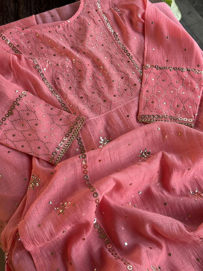 Soft Pink Mukaish Mul Chanderi Silk Ready To Wear Dress