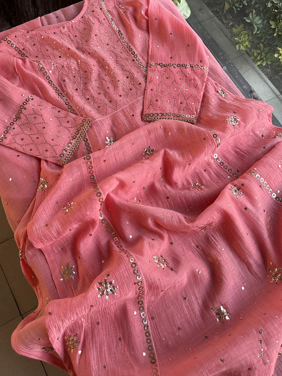 Soft Pink Mukaish Mul Chanderi Silk Ready To Wear Dress