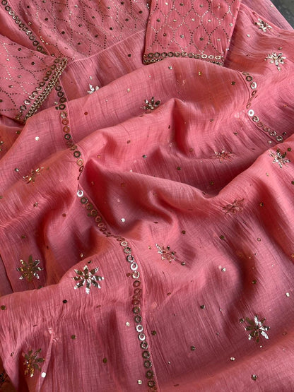 Soft Pink Mukaish Mul Chanderi Silk Ready To Wear Dress