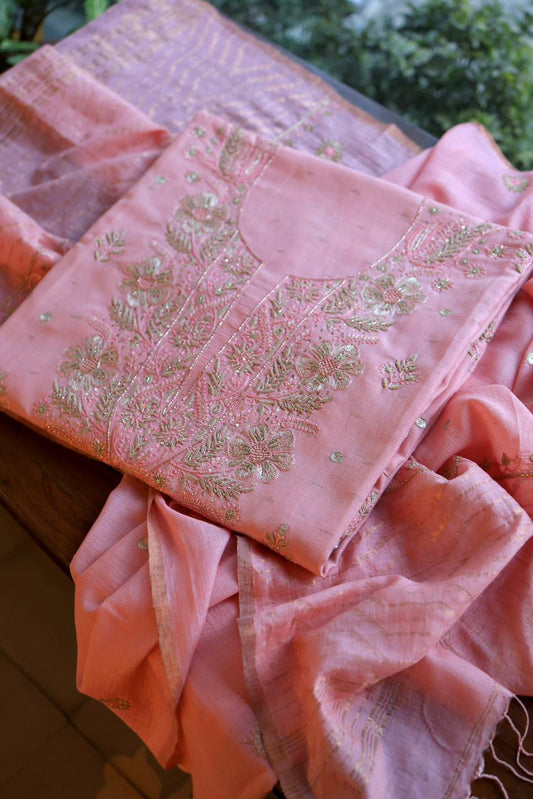 Soft Pink Shade Jamdani X Chikankari Unstitched Fabric