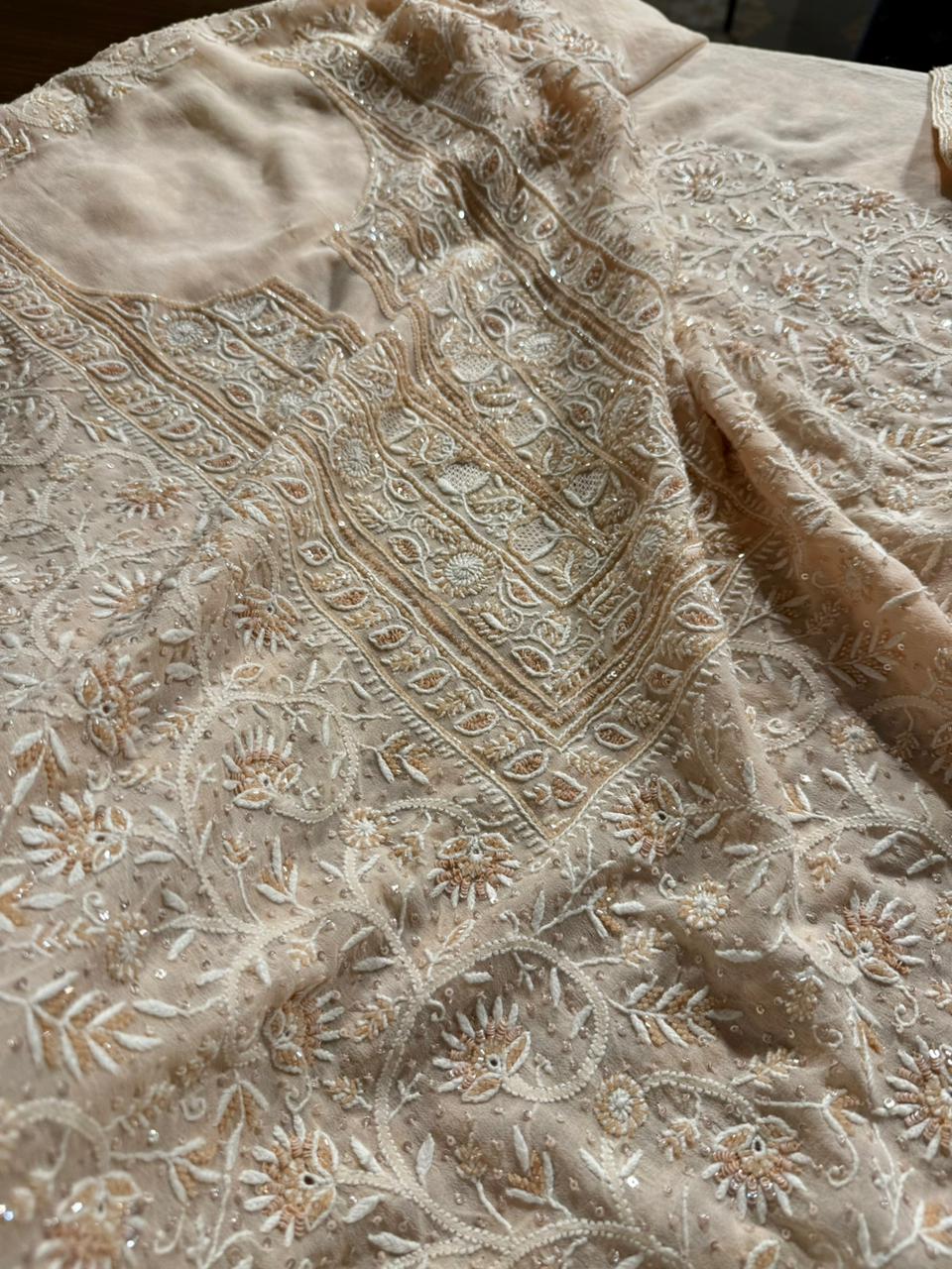 Soft peach shade Pure Georgette Front & Back Chikankari Kurta Dupatta Set