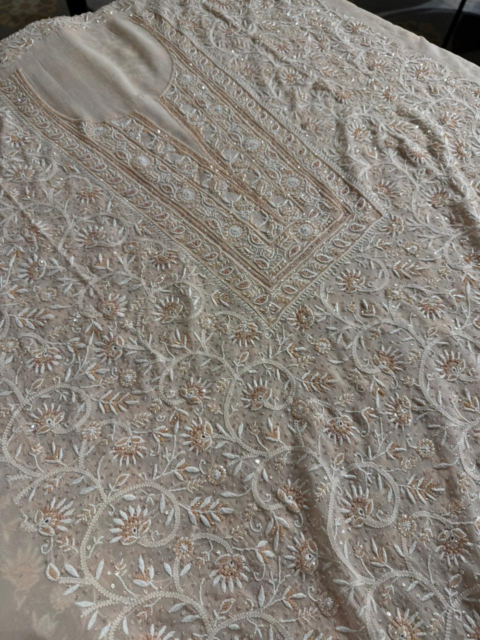 Soft peach shade Pure Georgette Front & Back Chikankari Kurta Dupatta Set